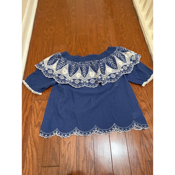 Pastel Tops - Blue Off Shoulder Eyelet Embroidery Ruffle Cotton Boho Blouse Top  M